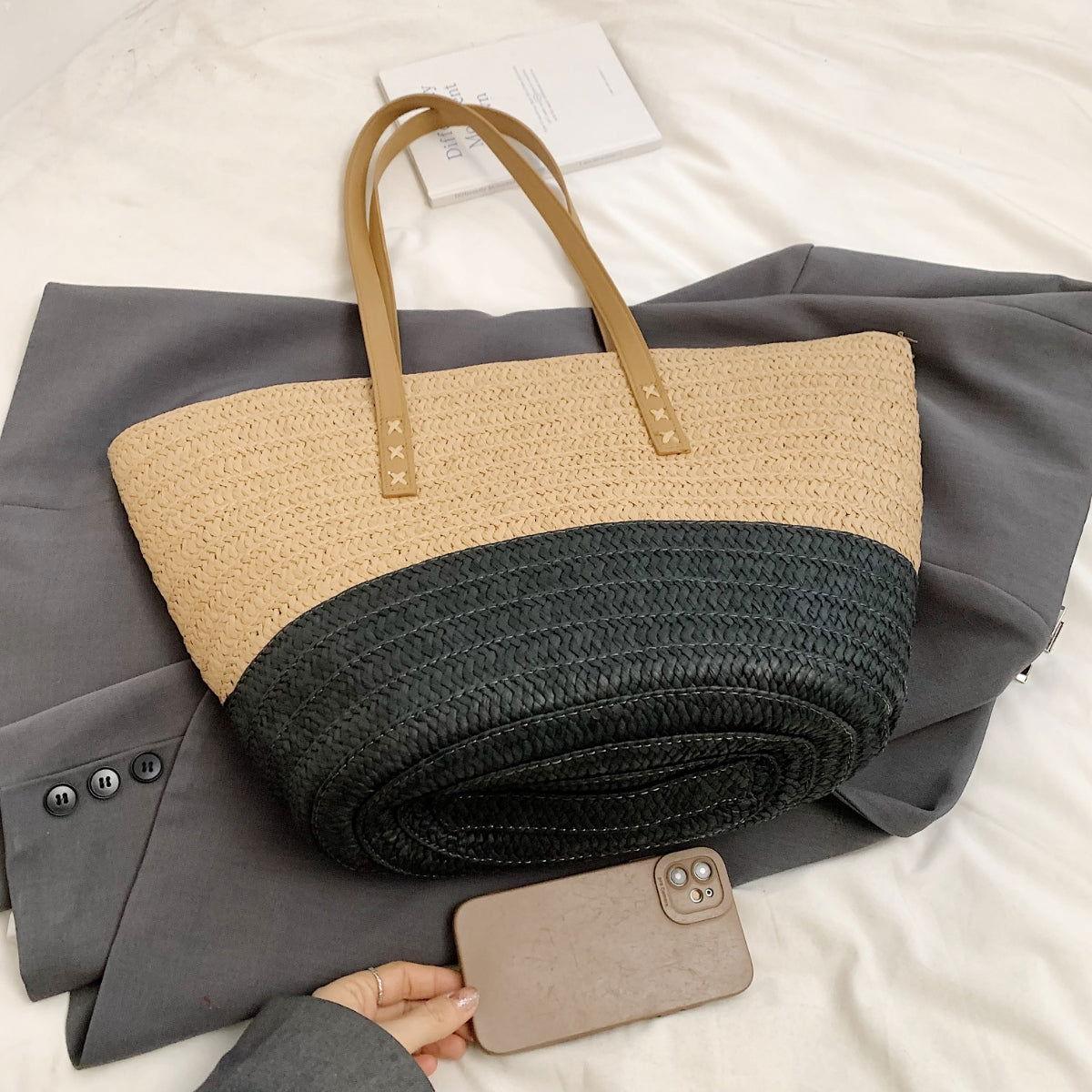 Contrast Straw Braided Handbag - Clothes For Her Online Store