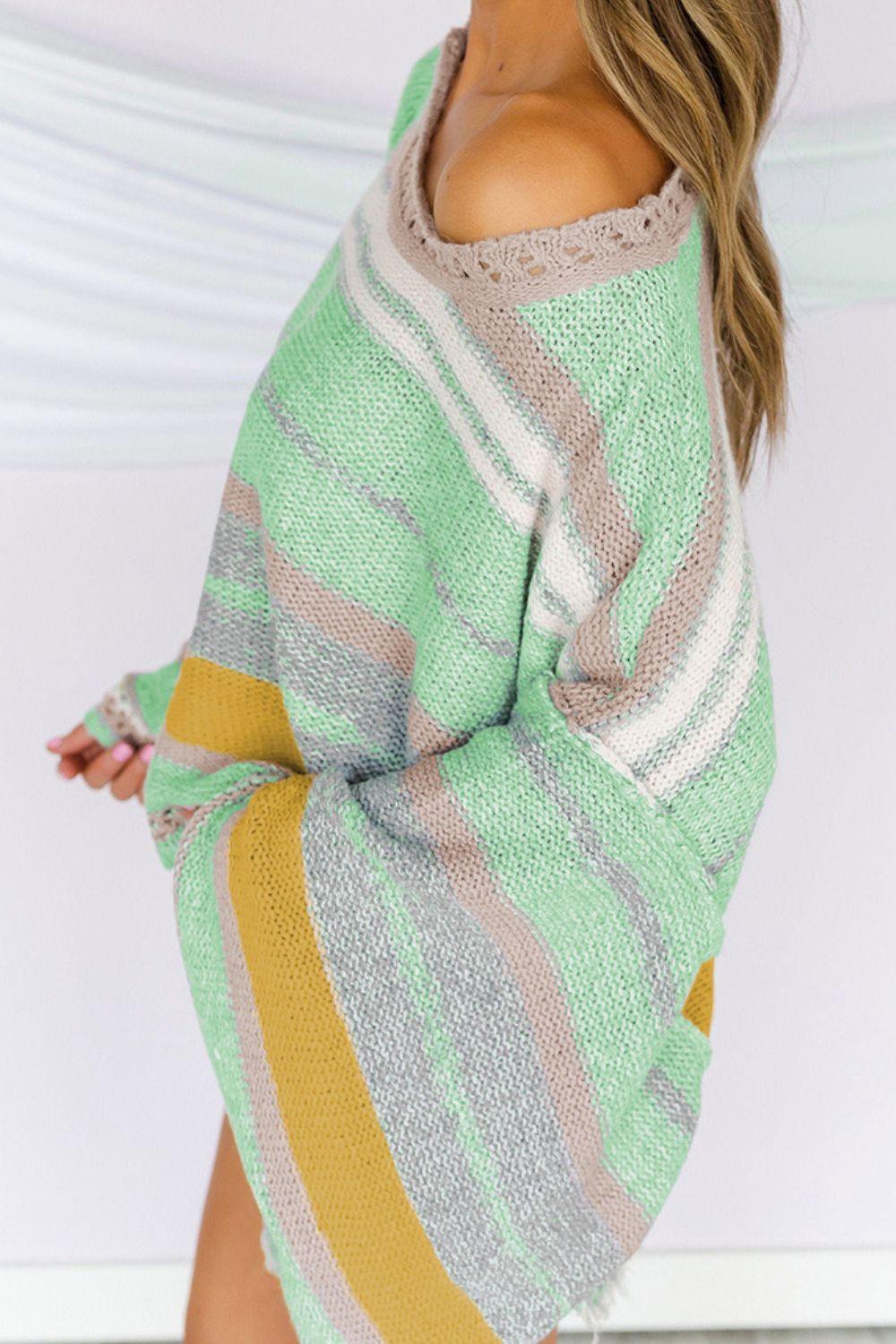 Contrast Striped Boat Neck Dropped Shoulder Sweater - Clothes For Her Online Store