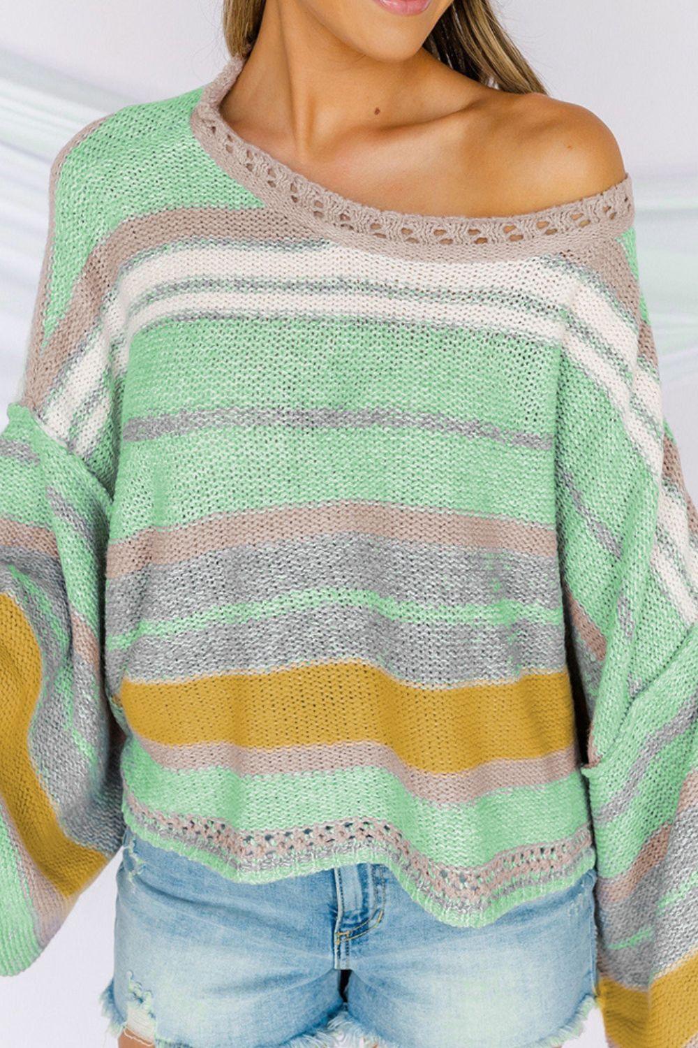 Contrast Striped Boat Neck Dropped Shoulder Sweater - Clothes For Her Online Store