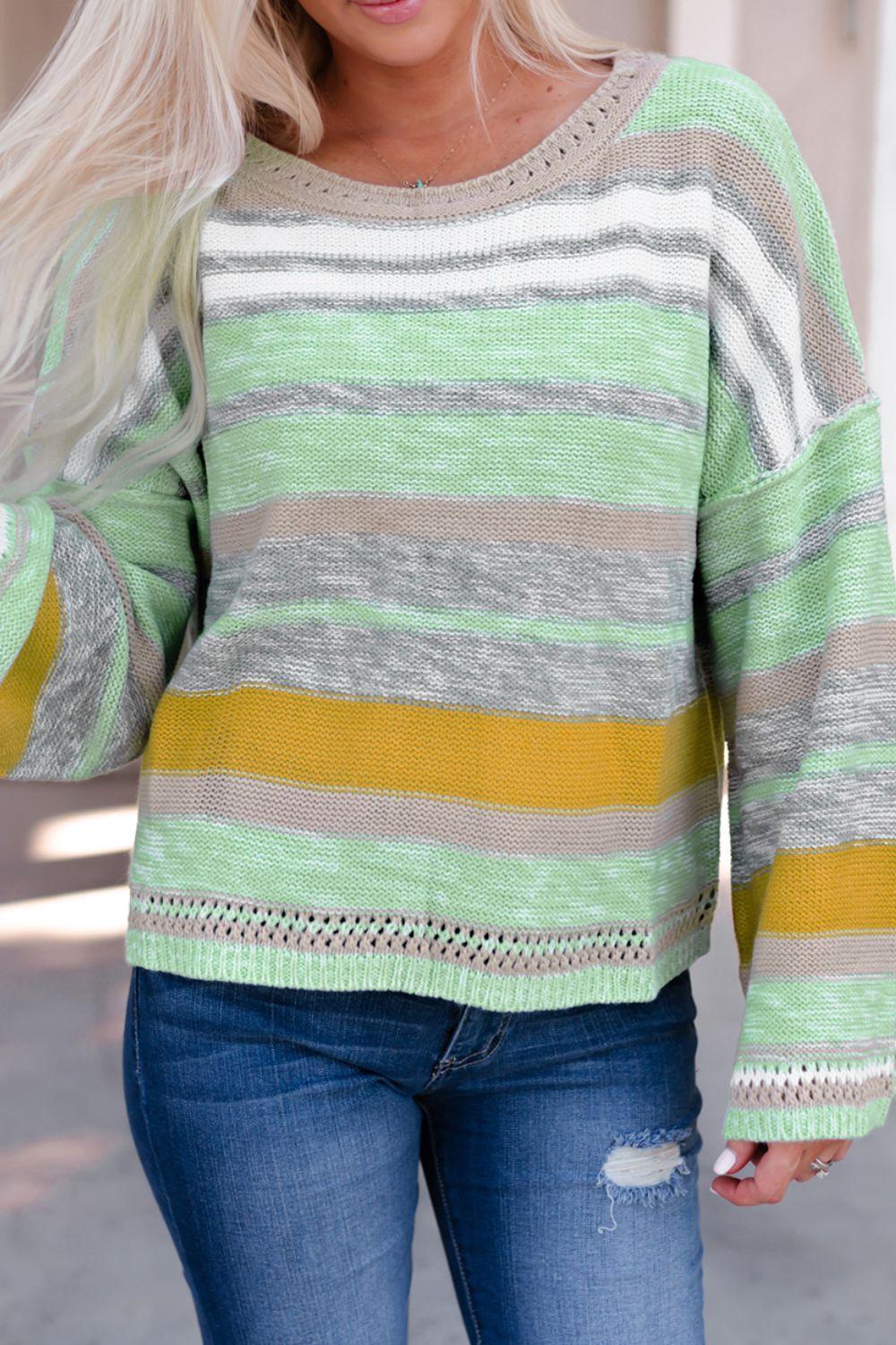 Contrast Striped Boat Neck Dropped Shoulder Sweater - Clothes For Her Online Store