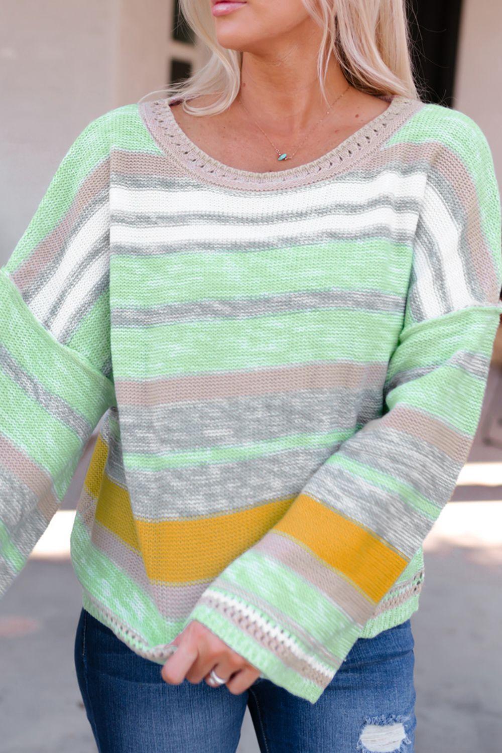 Contrast Striped Boat Neck Dropped Shoulder Sweater - Clothes For Her Online Store