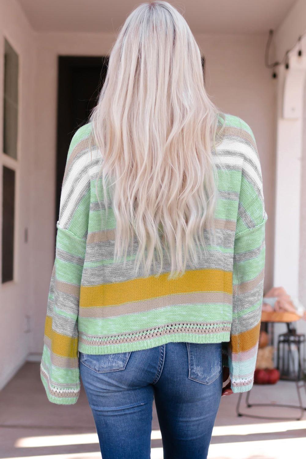 Contrast Striped Boat Neck Dropped Shoulder Sweater - Clothes For Her Online Store