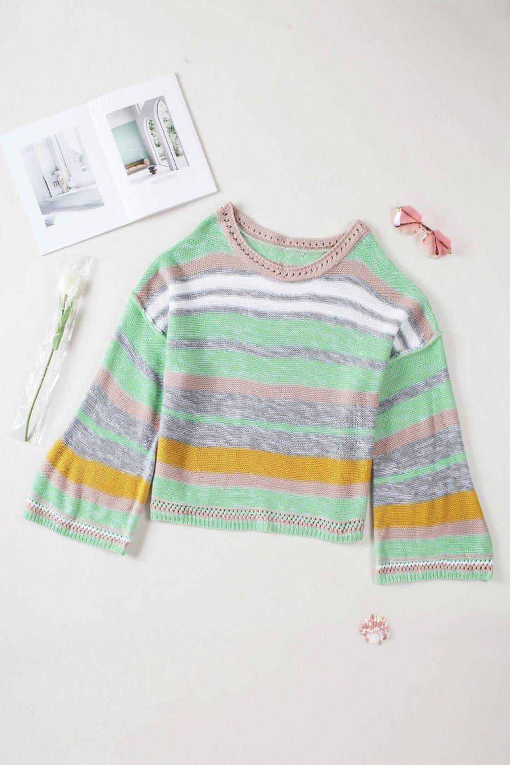 Contrast Striped Boat Neck Dropped Shoulder Sweater - Clothes For Her Online Store