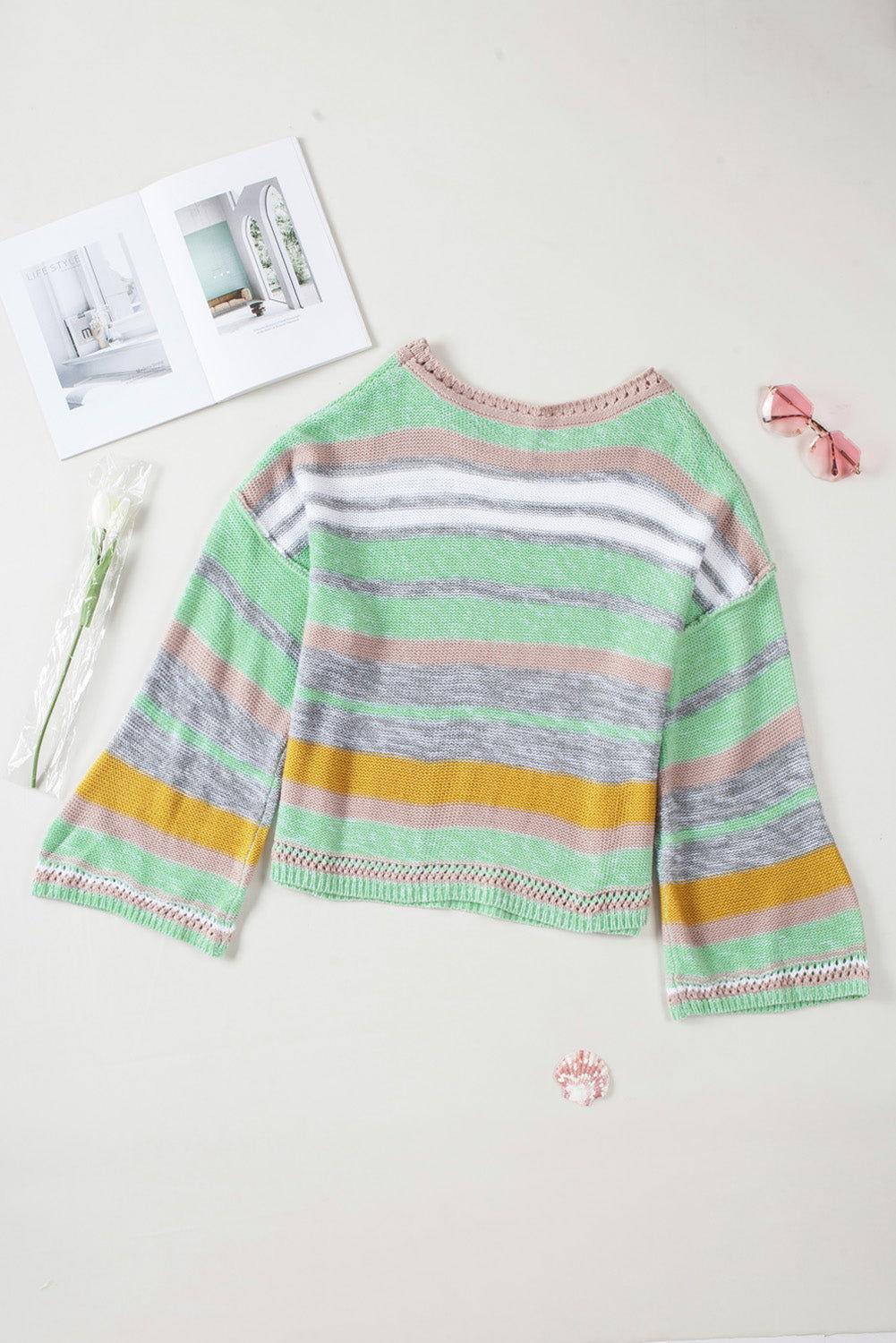 Contrast Striped Boat Neck Dropped Shoulder Sweater - Clothes For Her Online Store