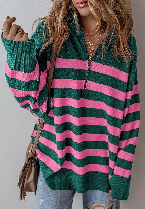 Contrast Striped Quarter Zip Long Sleeve Sweater - Clothes For Her Online Store
