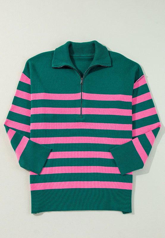 Contrast Striped Quarter Zip Long Sleeve Sweater - Clothes For Her Online Store