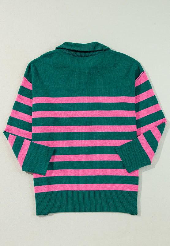 Contrast Striped Quarter Zip Long Sleeve Sweater - Clothes For Her Online Store