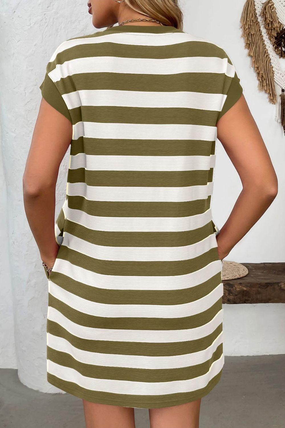 Contrast Striped Round Neck Short Sleeve Mini Dress - Clothes For Her Online Store