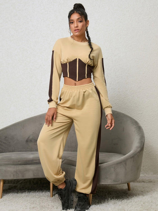 Contrast Sweatshirt and Sweatpants Set - Clothes For Her Online Store