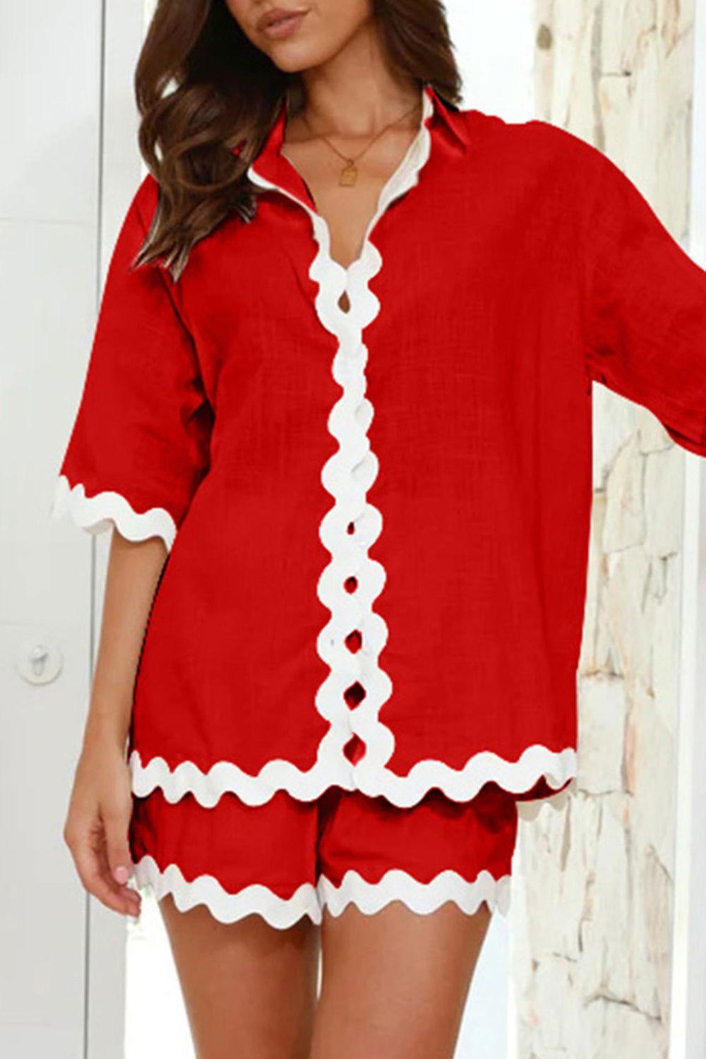 Contrast Trim Half Sleeve Top and Shorts Set - Clothes For Her Online Store