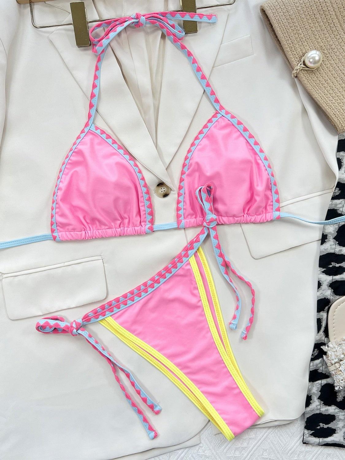 Contrast Trim Halter Neck Bikini Set - Clothes For Her Online Store