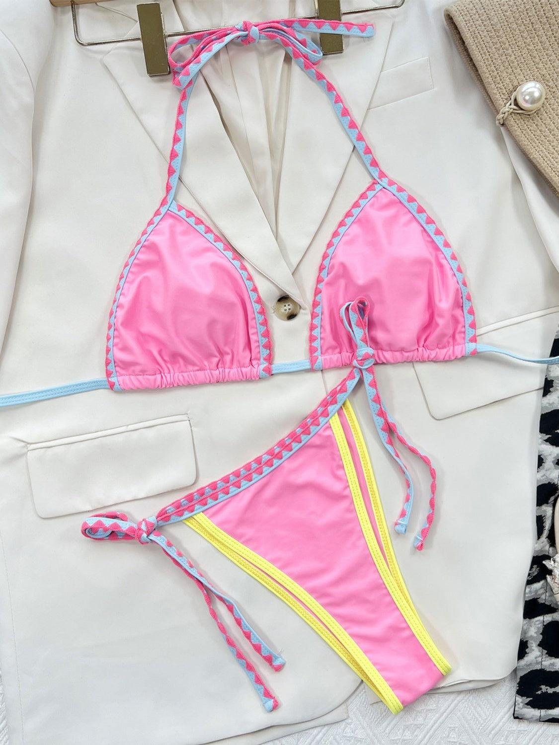 Contrast Trim Halter Neck Bikini Set - Clothes For Her Online Store