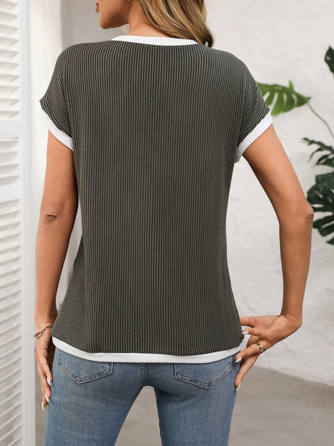 Contrast Trim Round Neck Short Sleeve T-Shirt - Clothes For Her Online Store
