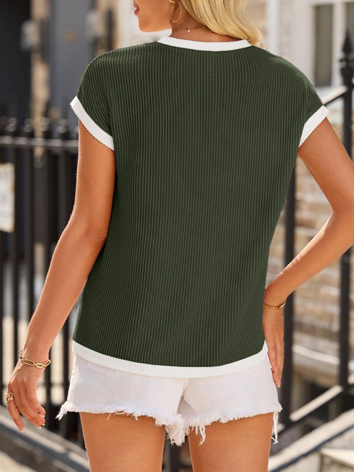 Contrast Trim Round Neck Short Sleeve T-Shirt - Clothes For Her Online Store