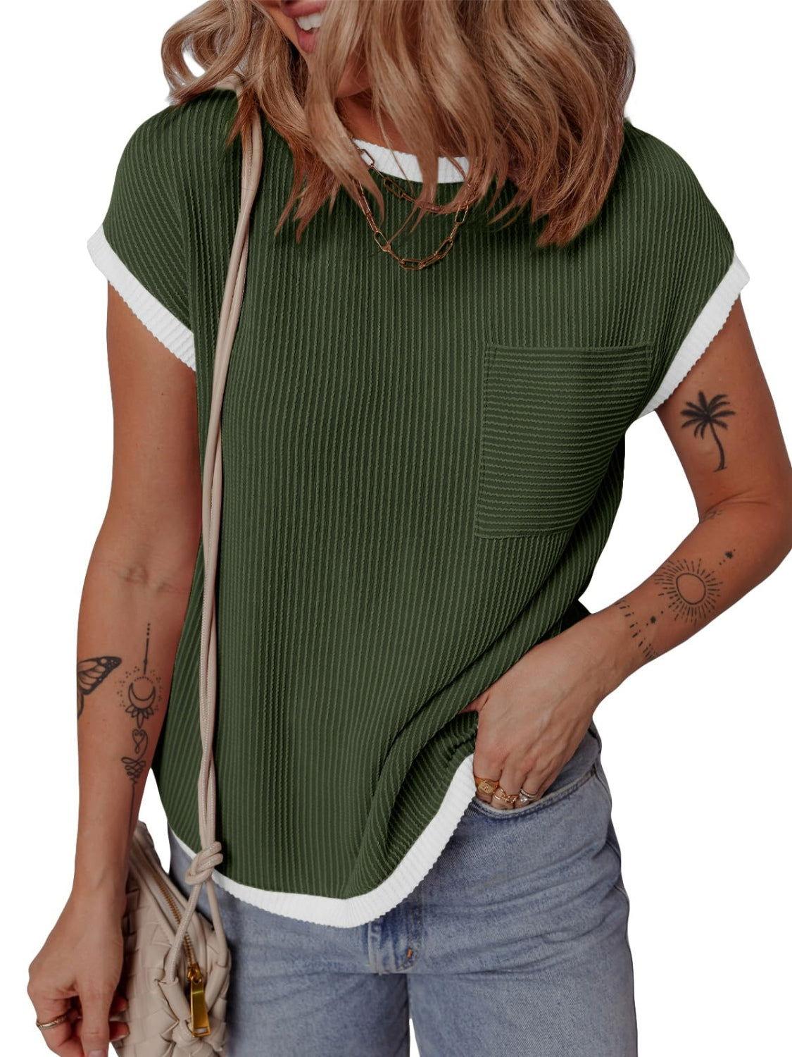 Contrast Trim Round Neck Short Sleeve T-Shirt - Clothes For Her Online Store