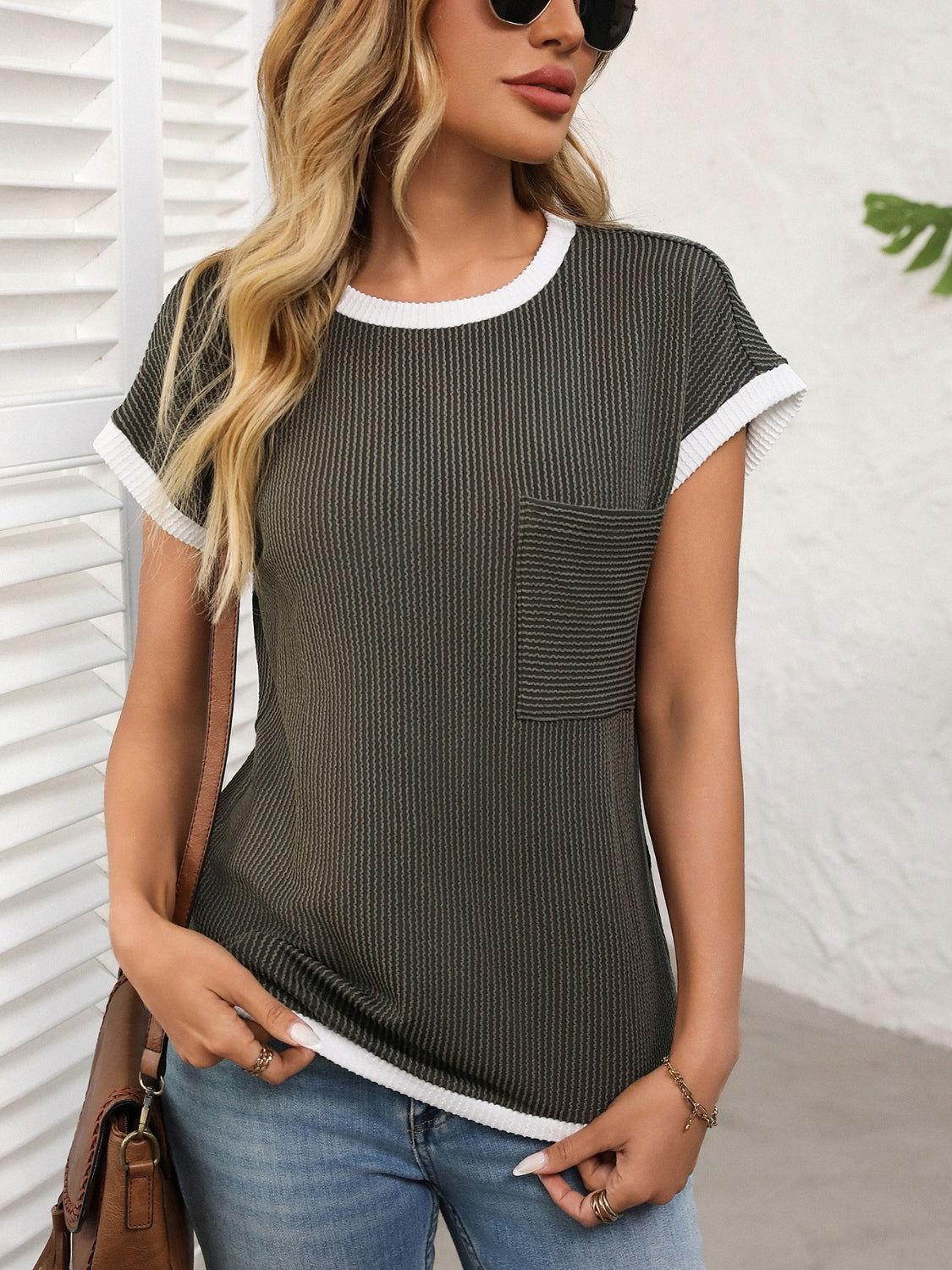 Contrast Trim Round Neck Short Sleeve T-Shirt - Clothes For Her Online Store