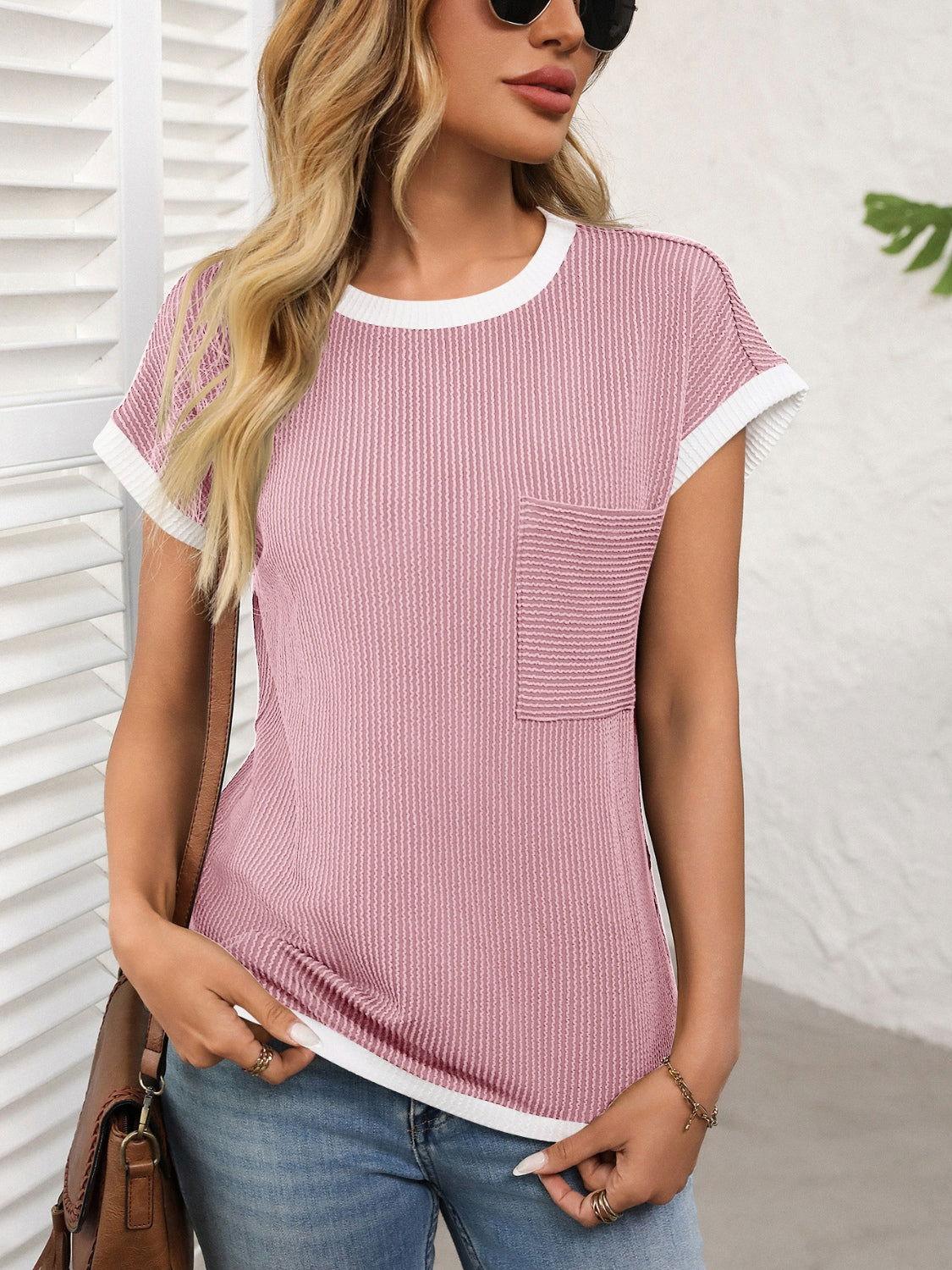 Contrast Trim Round Neck Short Sleeve T-Shirt - Clothes For Her Online Store