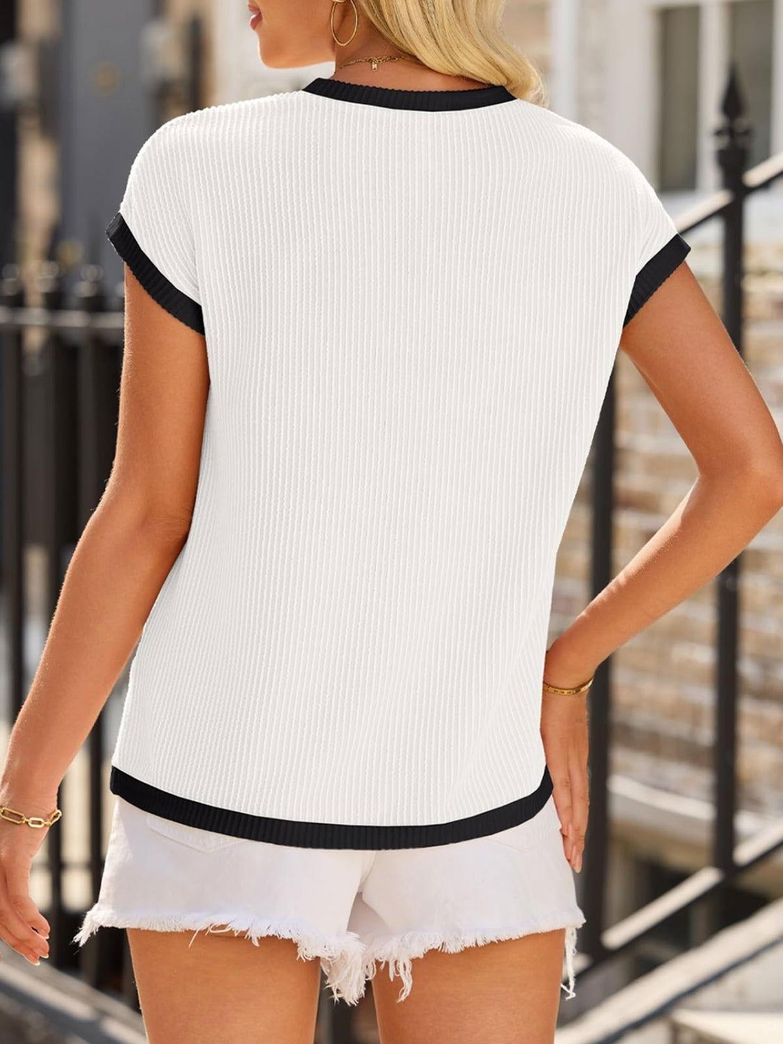 Contrast Trim Round Neck Short Sleeve T-Shirt - Clothes For Her Online Store
