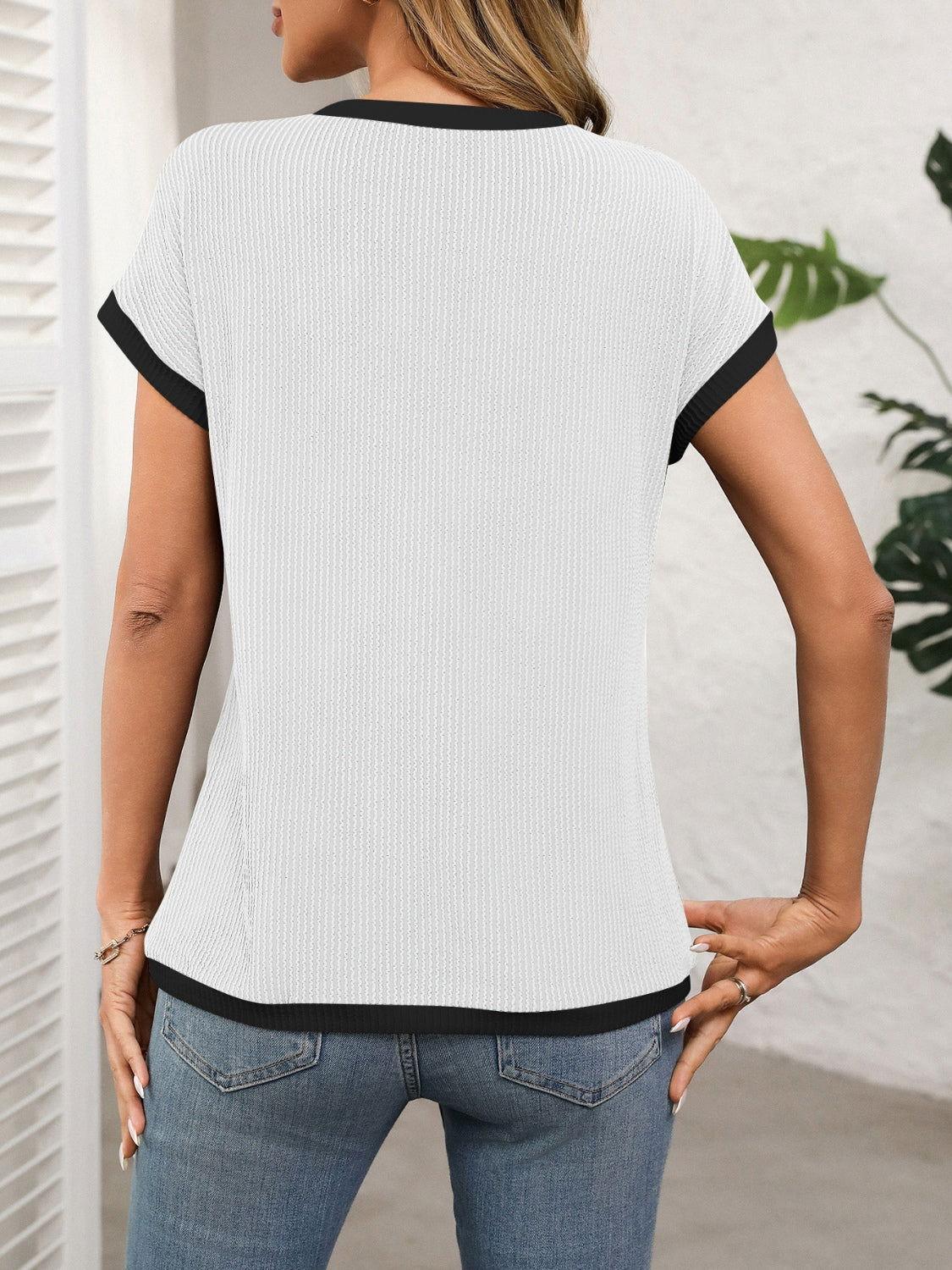 Contrast Trim Round Neck Short Sleeve T-Shirt - Clothes For Her Online Store