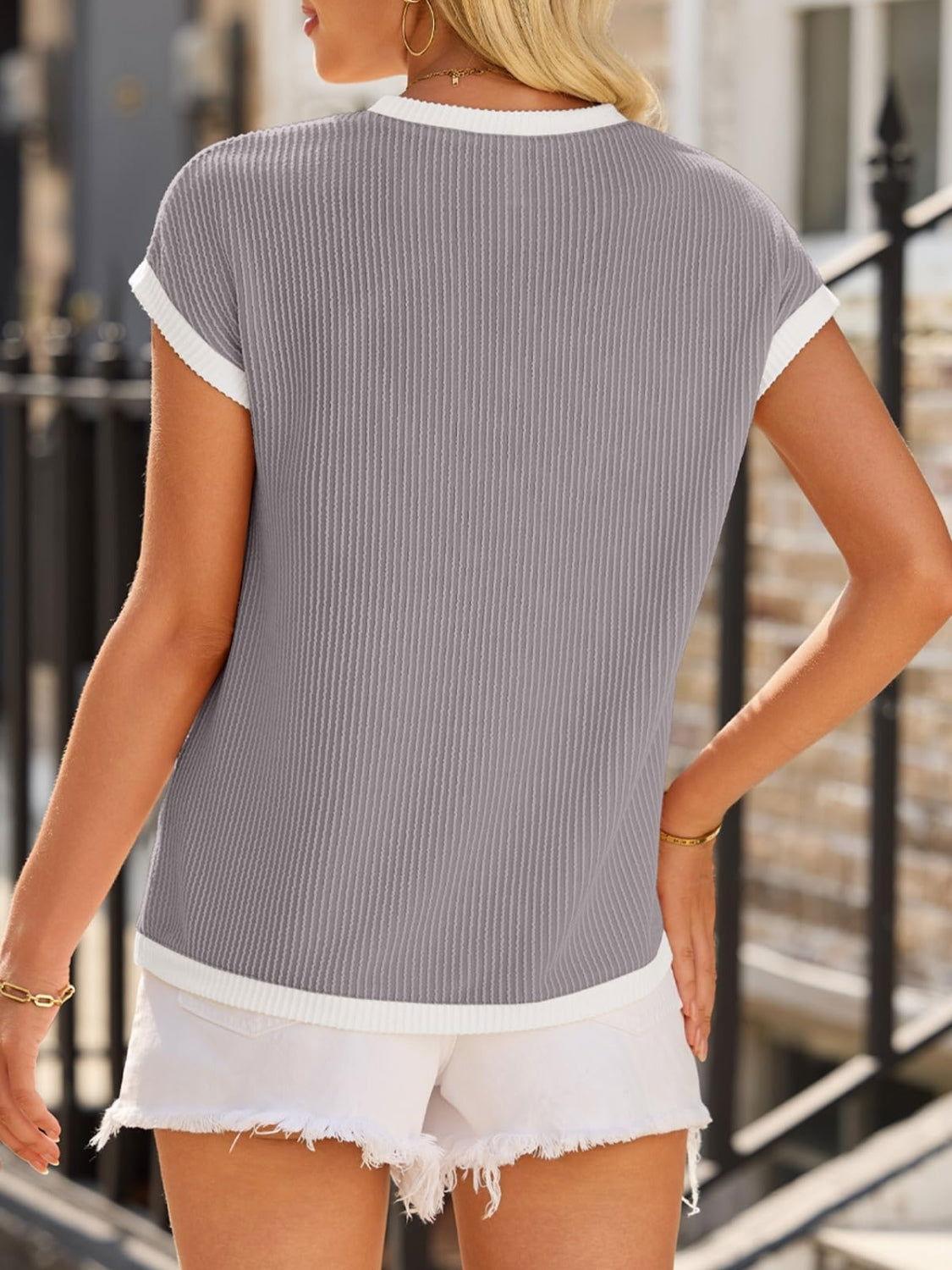 Contrast Trim Round Neck Short Sleeve T-Shirt - Clothes For Her Online Store