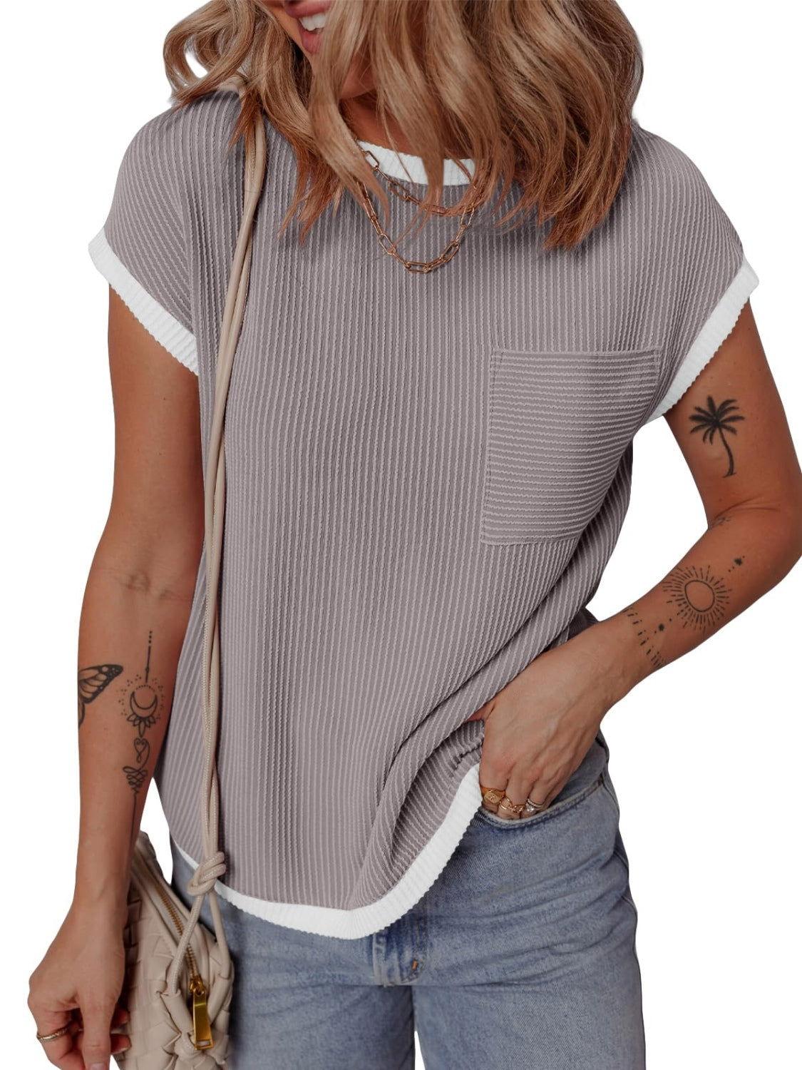 Contrast Trim Round Neck Short Sleeve T-Shirt - Clothes For Her Online Store
