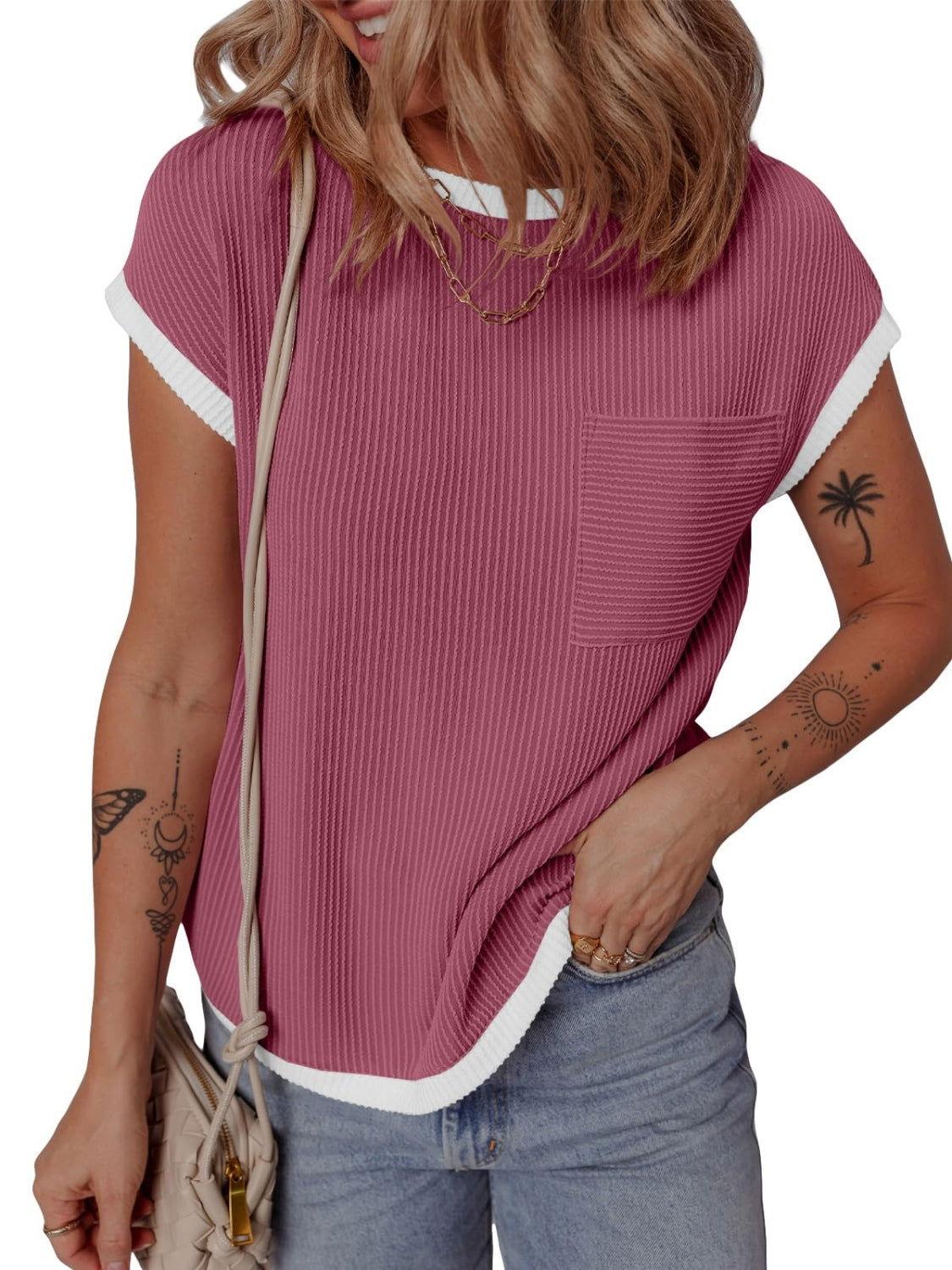 Contrast Trim Round Neck Short Sleeve T-Shirt - Clothes For Her Online Store