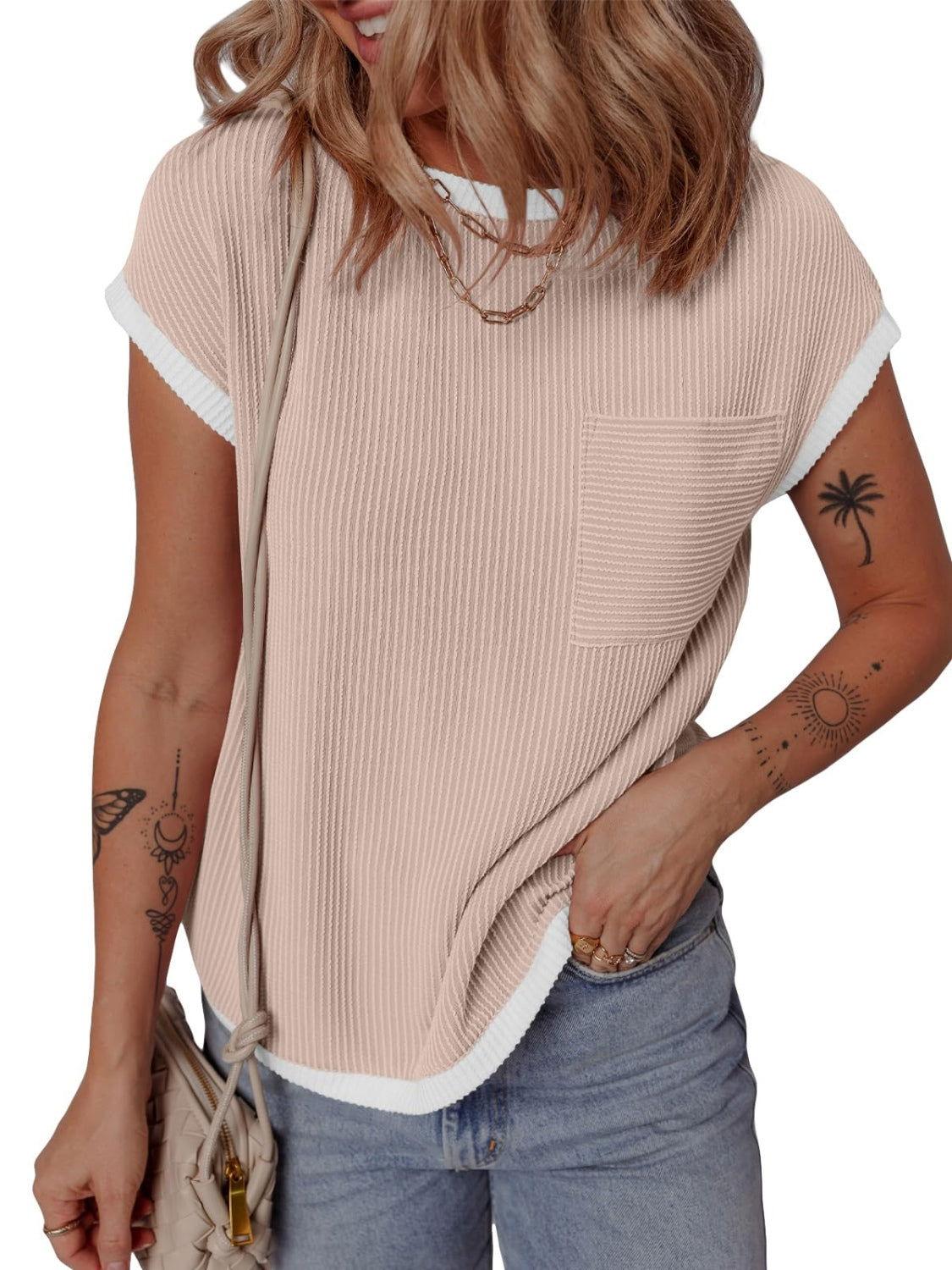 Contrast Trim Round Neck Short Sleeve T-Shirt - Clothes For Her Online Store