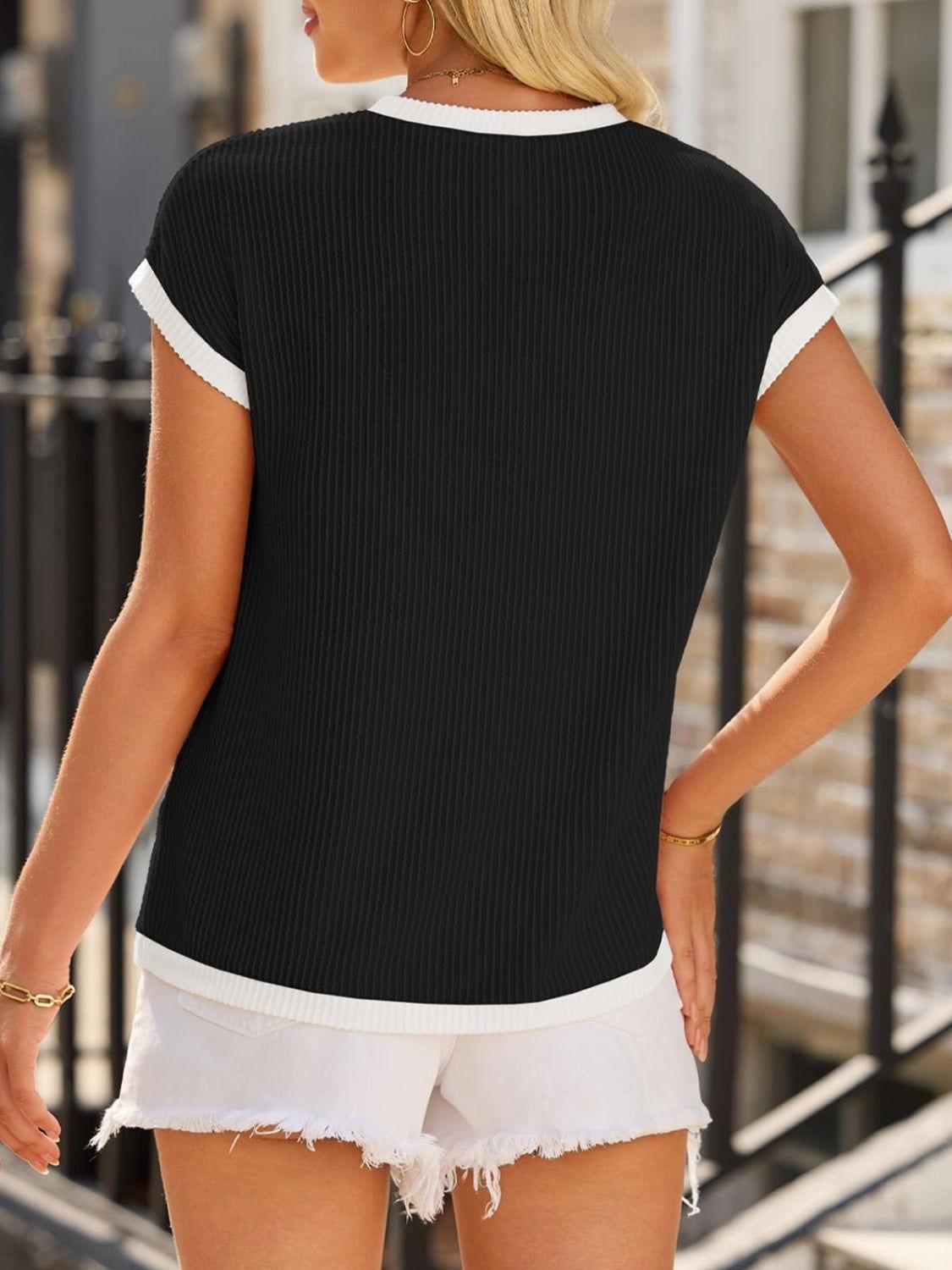 Contrast Trim Round Neck Short Sleeve T-Shirt - Clothes For Her Online Store