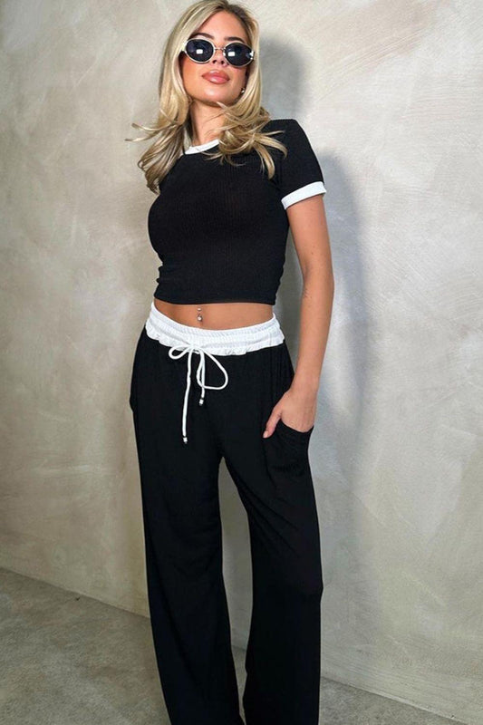 Contrast Trim Round Neck Top and Pants Set - Clothes For Her Online Store