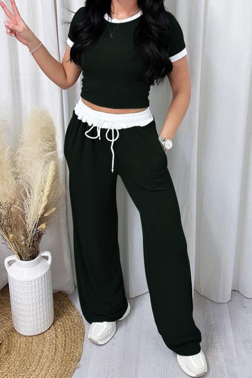 Contrast Trim Round Neck Top and Pants Set - Clothes For Her Online Store