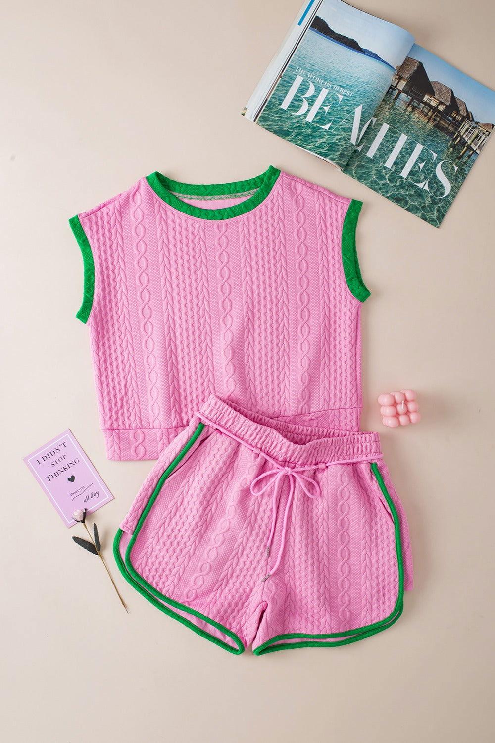 Contrast Trim Round Neck Top and Shorts Set - Clothes For Her Online Store