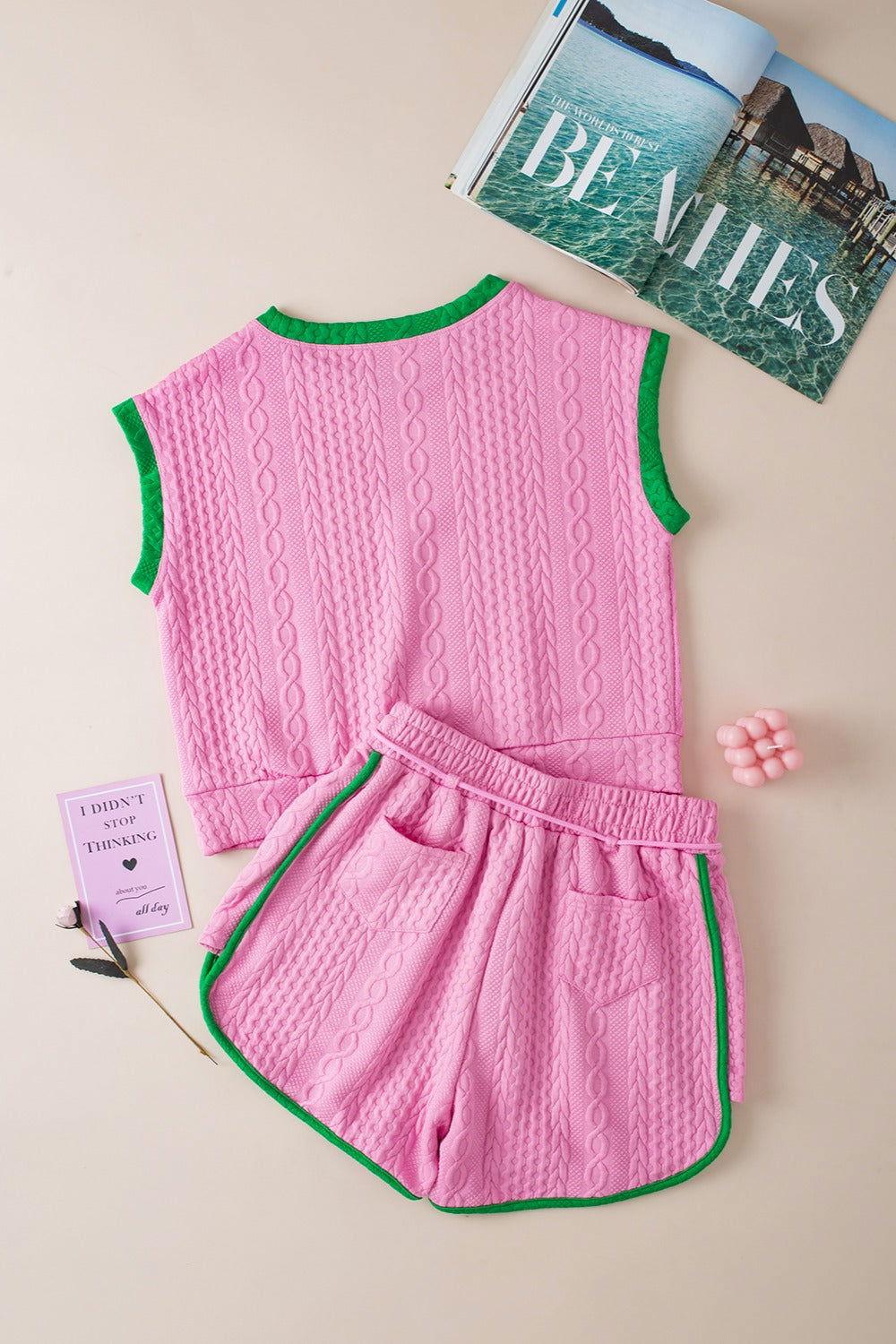 Contrast Trim Round Neck Top and Shorts Set - Clothes For Her Online Store
