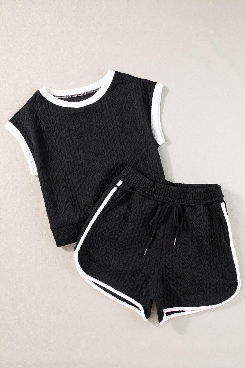 Contrast Trim Round Neck Top and Shorts Set - Clothes For Her Online Store