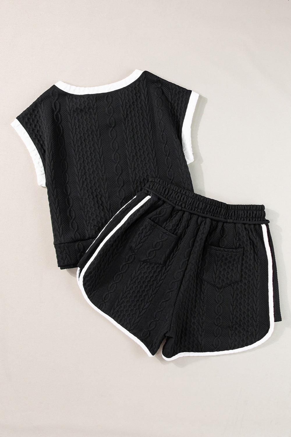 Contrast Trim Round Neck Top and Shorts Set - Clothes For Her Online Store