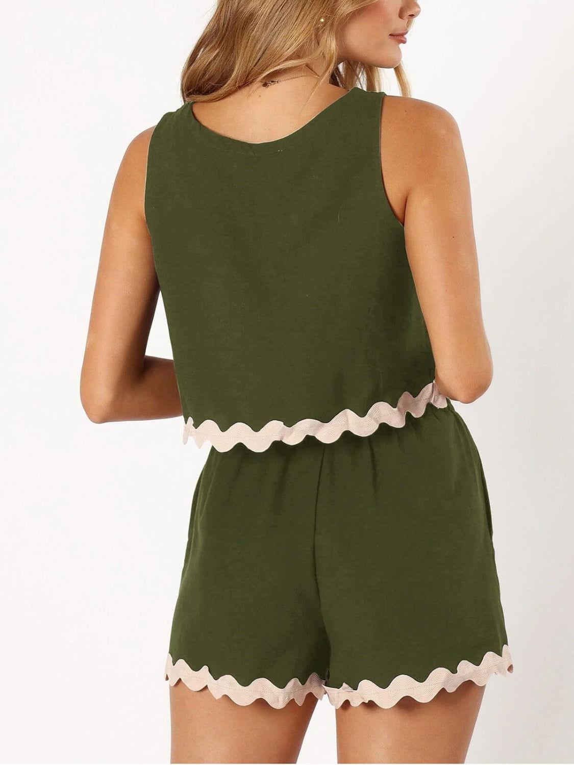 Contrast Trim Round Neck Top and Shorts Set - Clothes For Her Online Store
