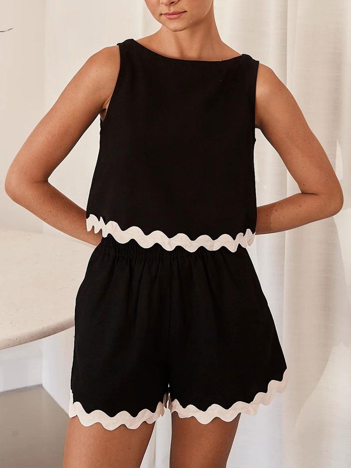 Contrast Trim Round Neck Top and Shorts Set - Clothes For Her Online Store