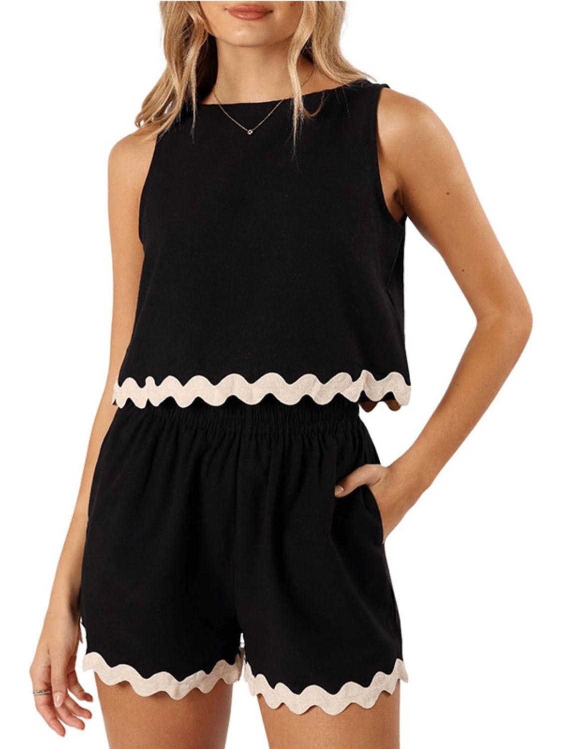 Contrast Trim Round Neck Top and Shorts Set - Clothes For Her Online Store