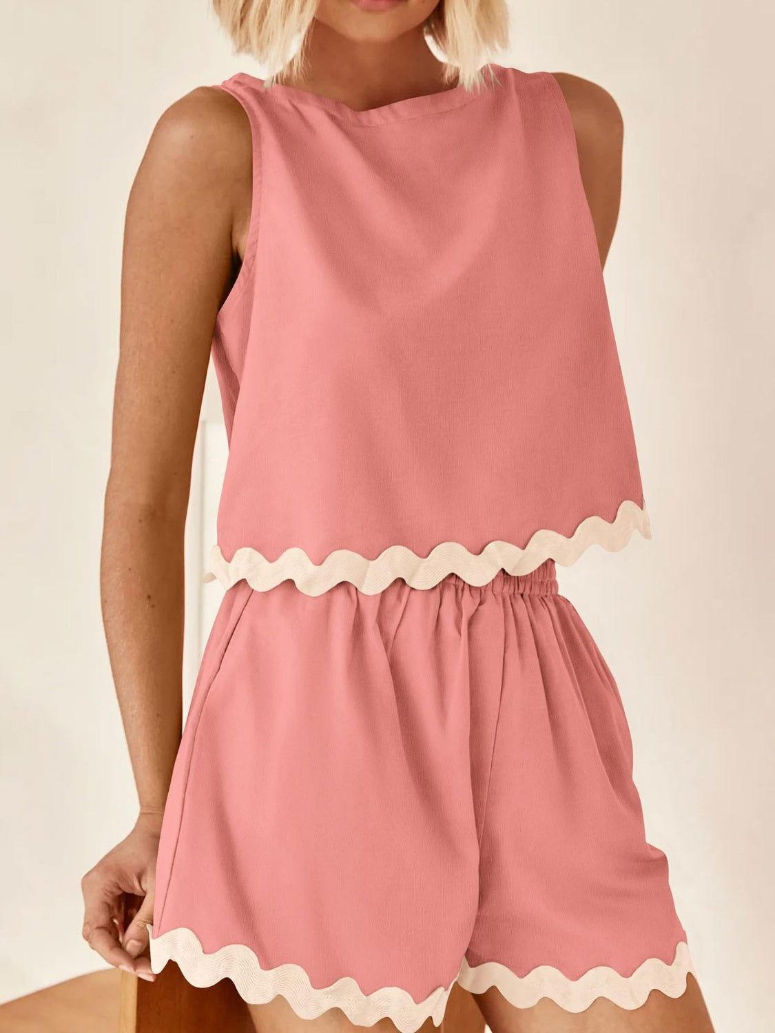 Contrast Trim Round Neck Top and Shorts Set - Clothes For Her Online Store