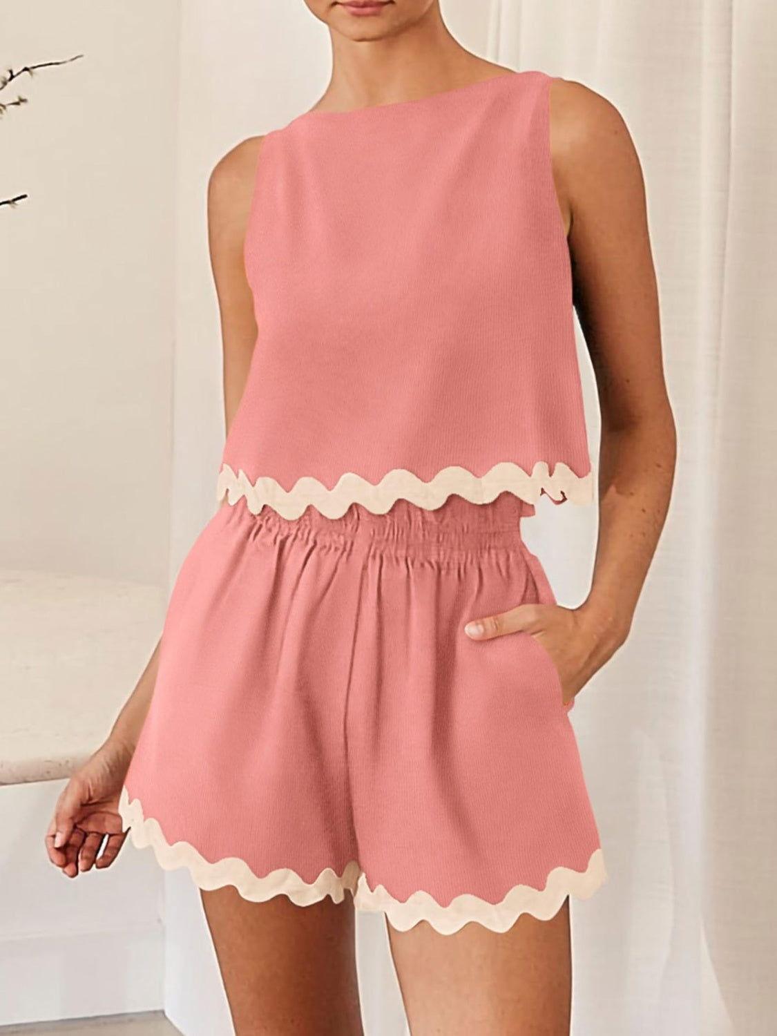 Contrast Trim Round Neck Top and Shorts Set - Clothes For Her Online Store