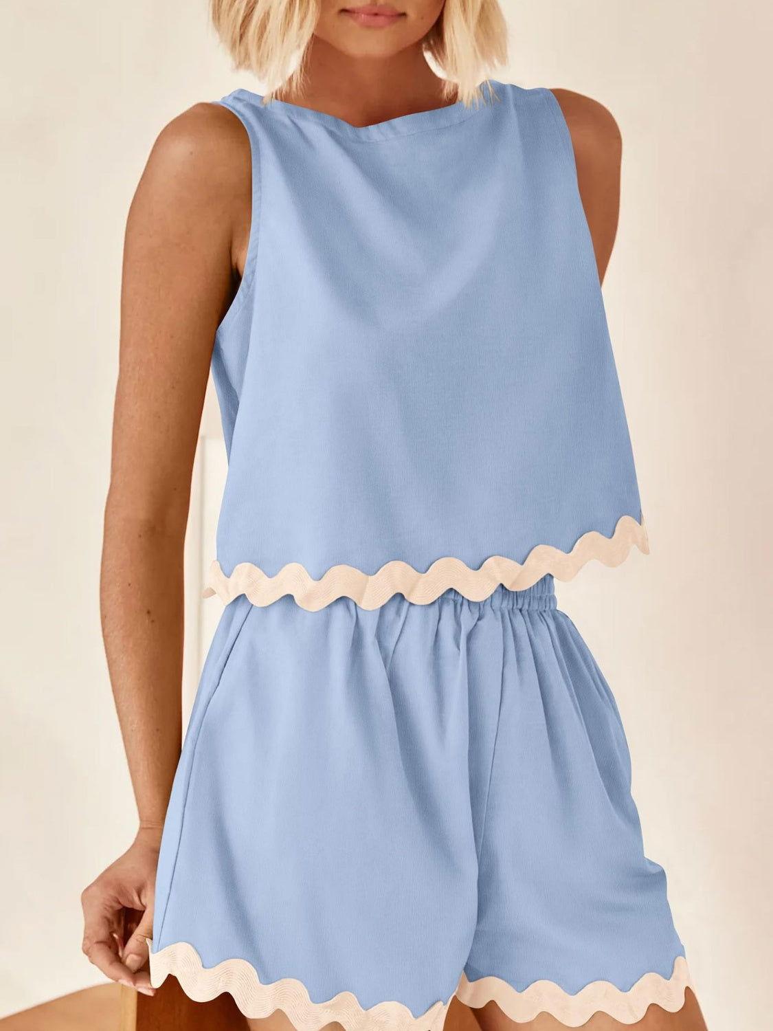 Contrast Trim Round Neck Top and Shorts Set - Clothes For Her Online Store