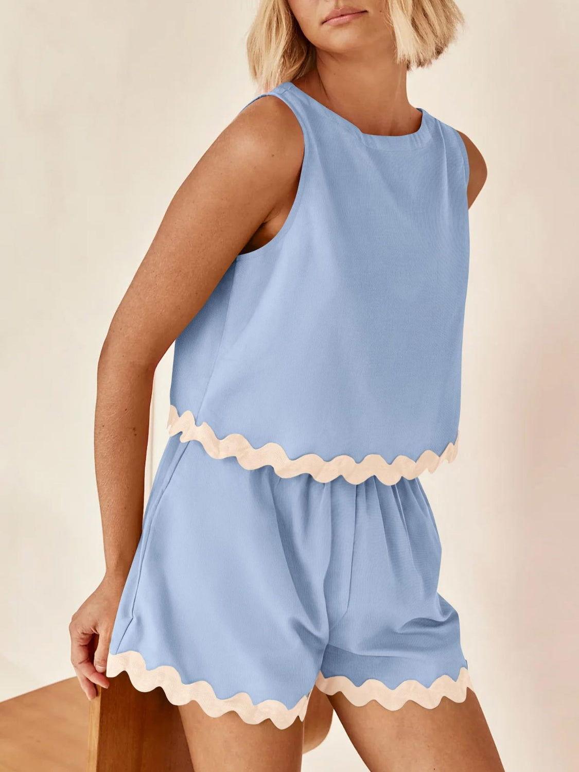 Contrast Trim Round Neck Top and Shorts Set - Clothes For Her Online Store
