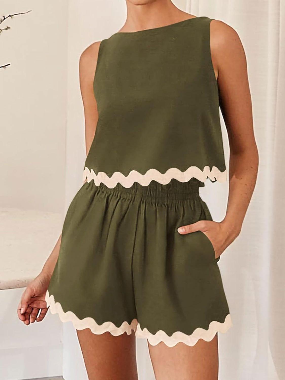 Contrast Trim Sleeveless Top and Shorts Set - Clothes For Her Online Store