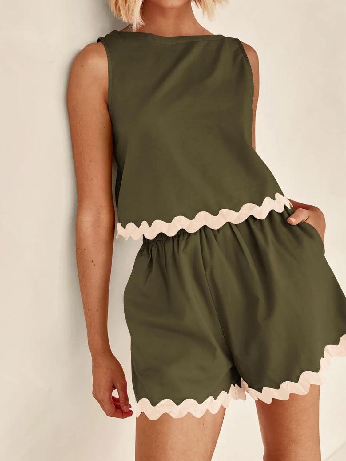 Contrast Trim Sleeveless Top and Shorts Set - Clothes For Her Online Store