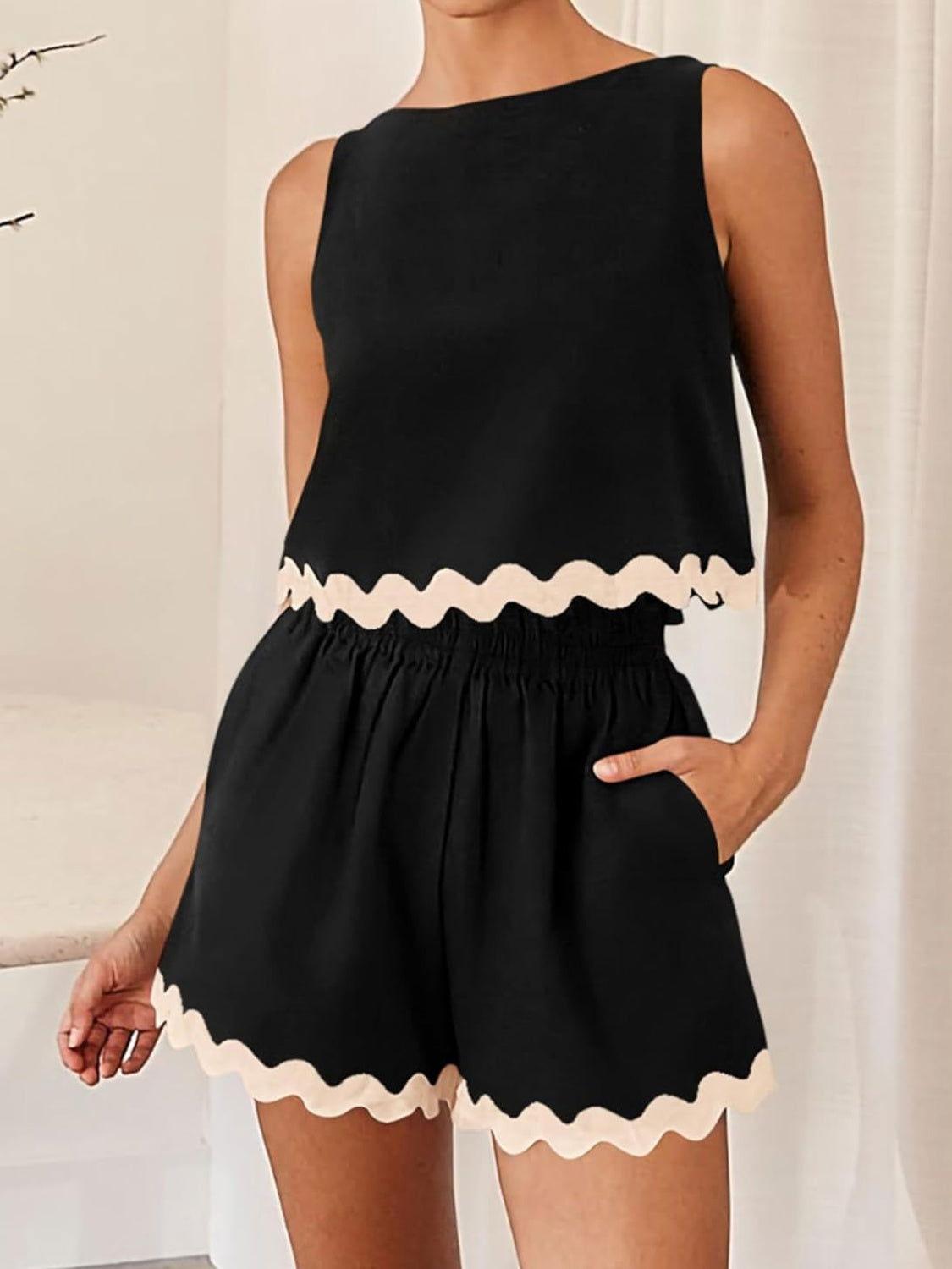 Contrast Trim Sleeveless Top and Shorts Set - Clothes For Her Online Store