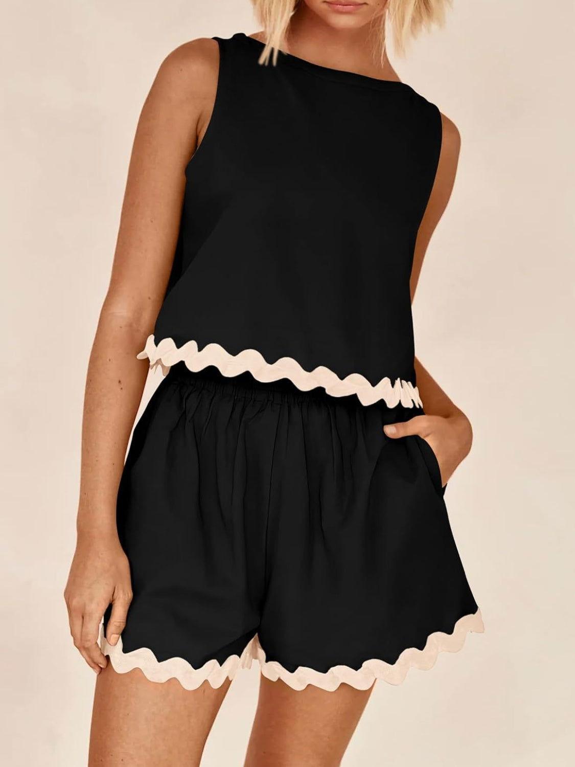 Contrast Trim Sleeveless Top and Shorts Set - Clothes For Her Online Store