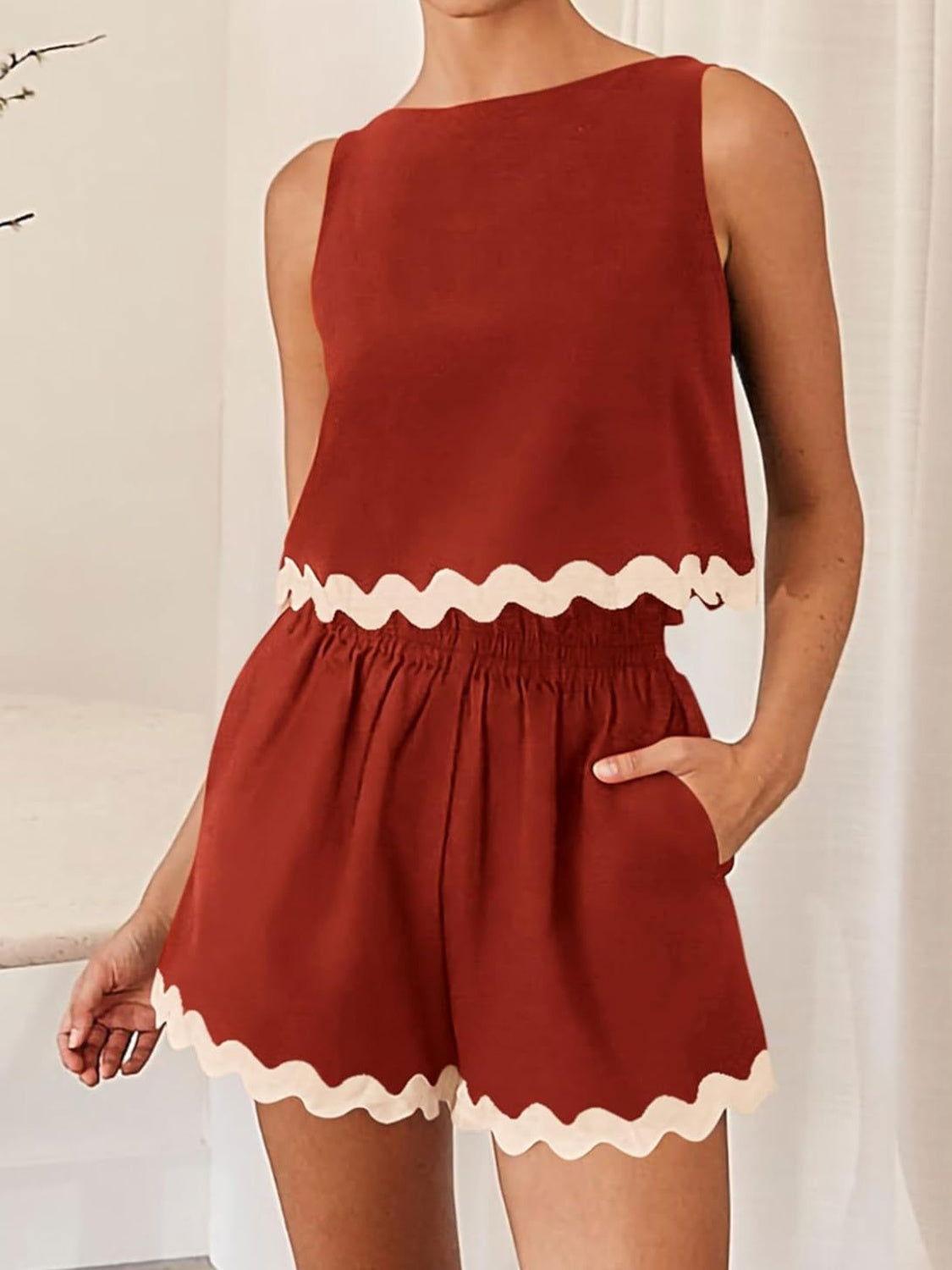 Contrast Trim Sleeveless Top and Shorts Set - Clothes For Her Online Store