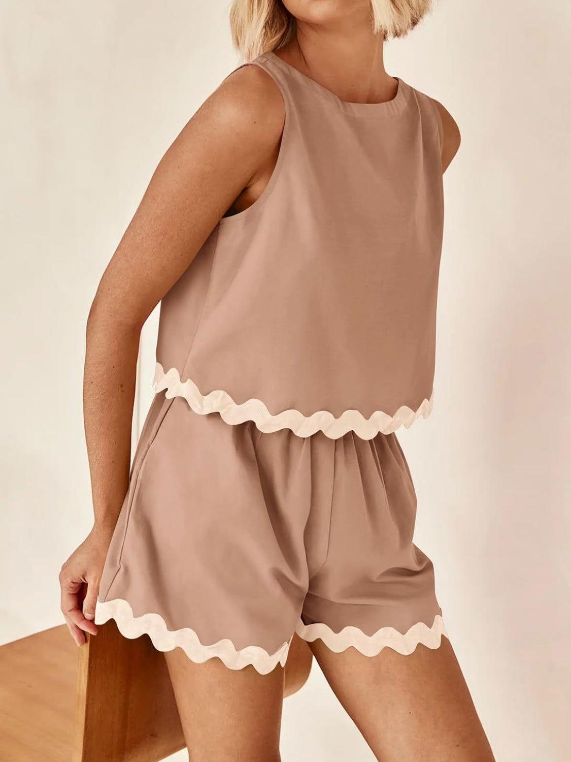 Contrast Trim Sleeveless Top and Shorts Set - Clothes For Her Online Store