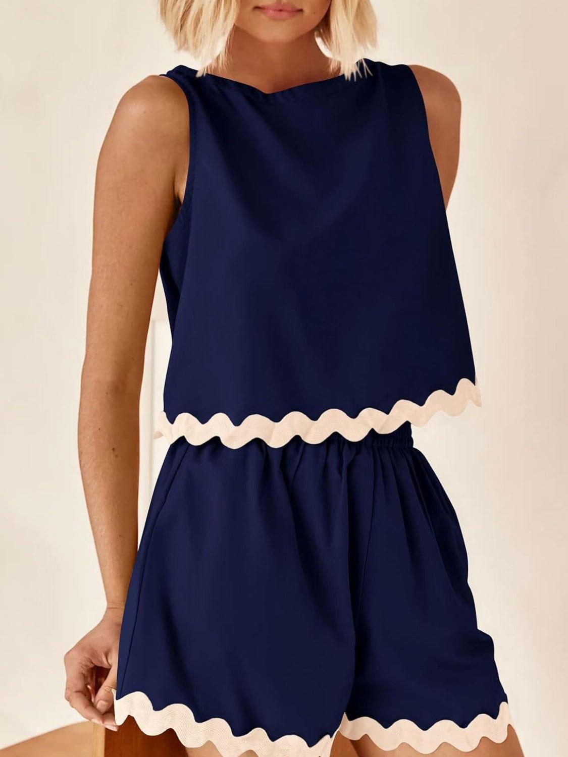 Contrast Trim Sleeveless Top and Shorts Set - Clothes For Her Online Store