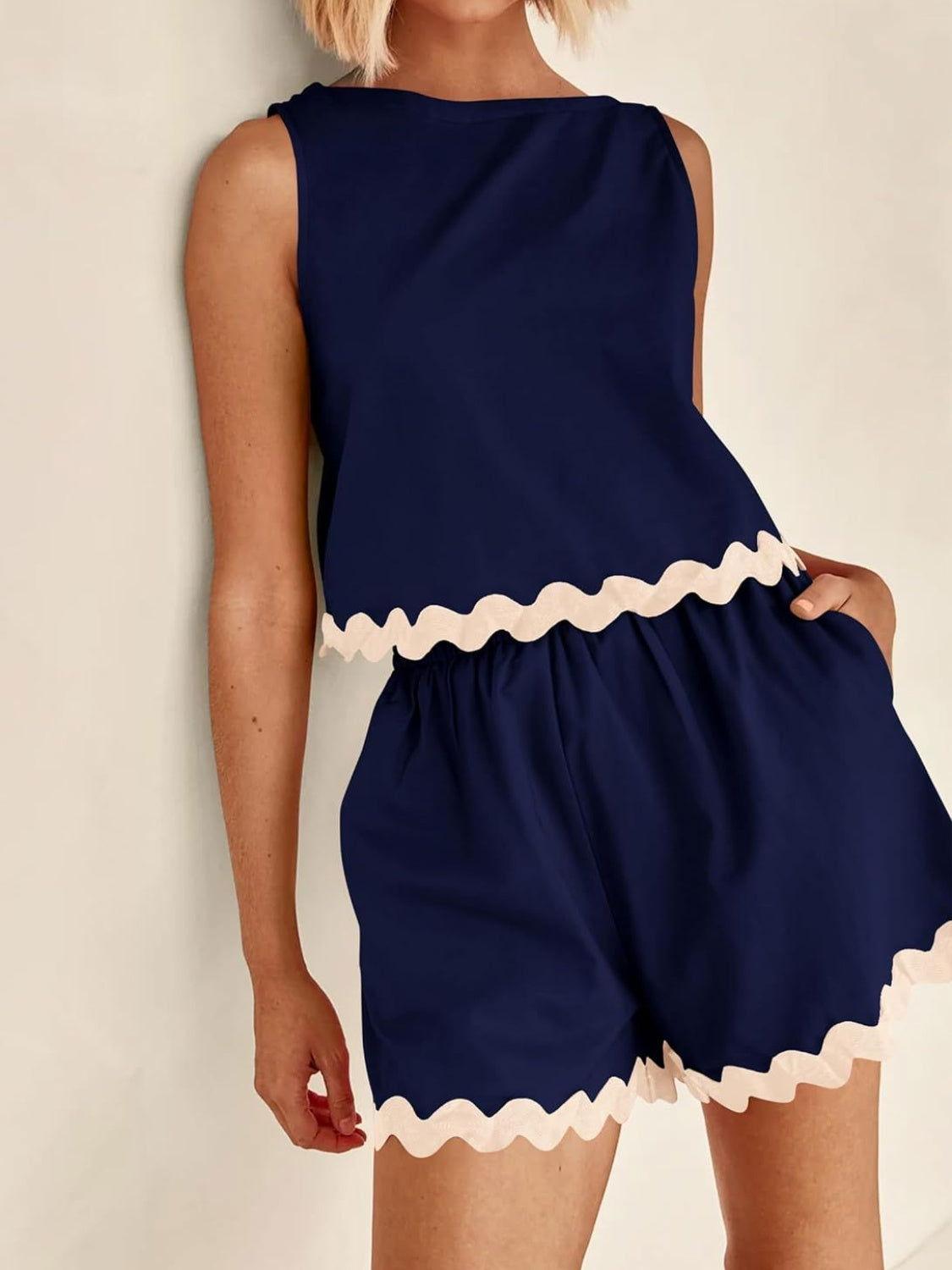 Contrast Trim Sleeveless Top and Shorts Set - Clothes For Her Online Store