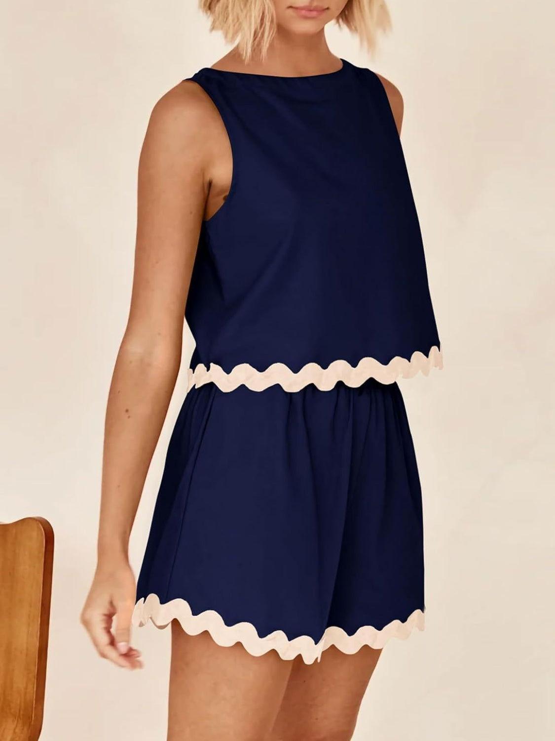 Contrast Trim Sleeveless Top and Shorts Set - Clothes For Her Online Store